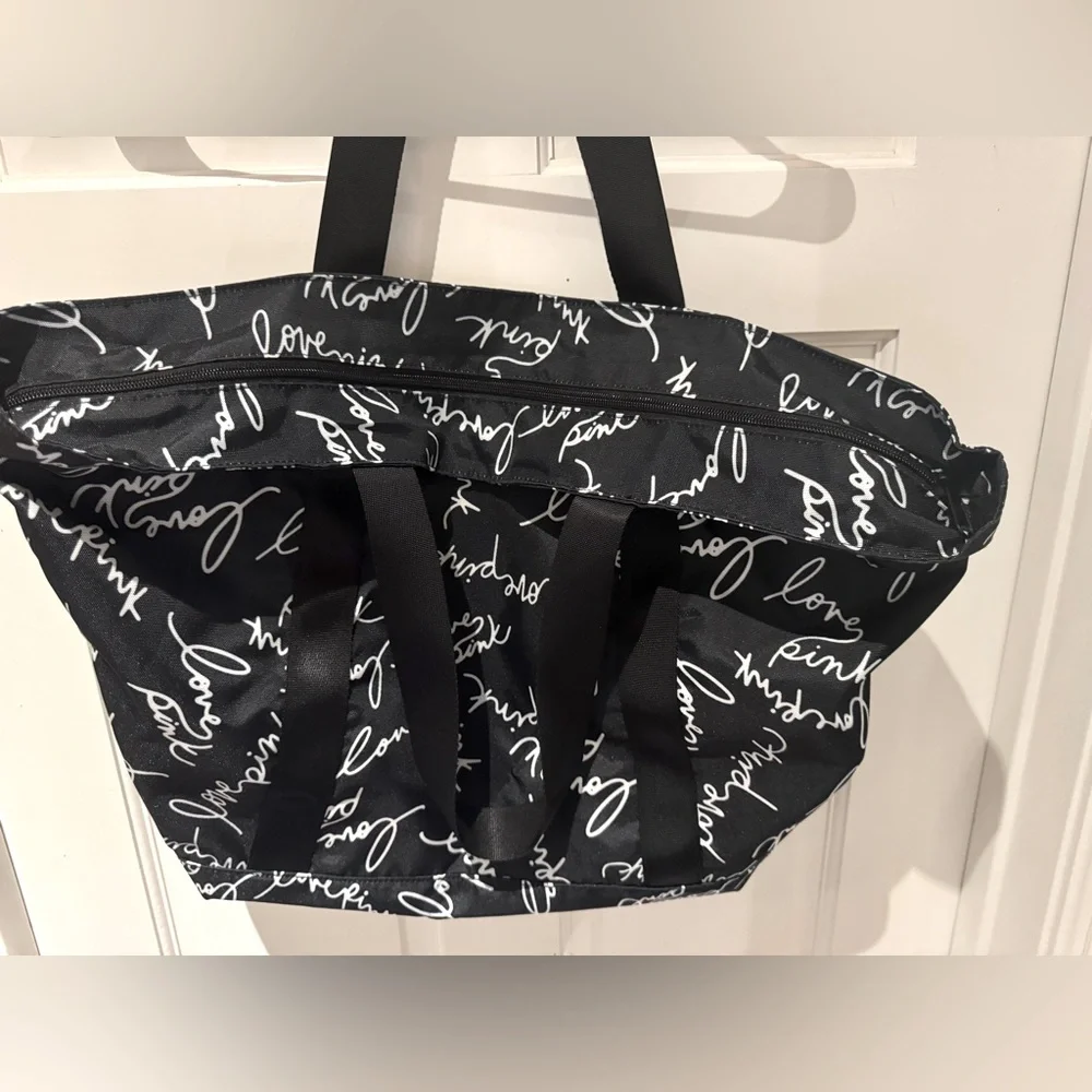 Victoria’s Secret PINK Black & White Script Logo Weekender Tote Bag NWOT